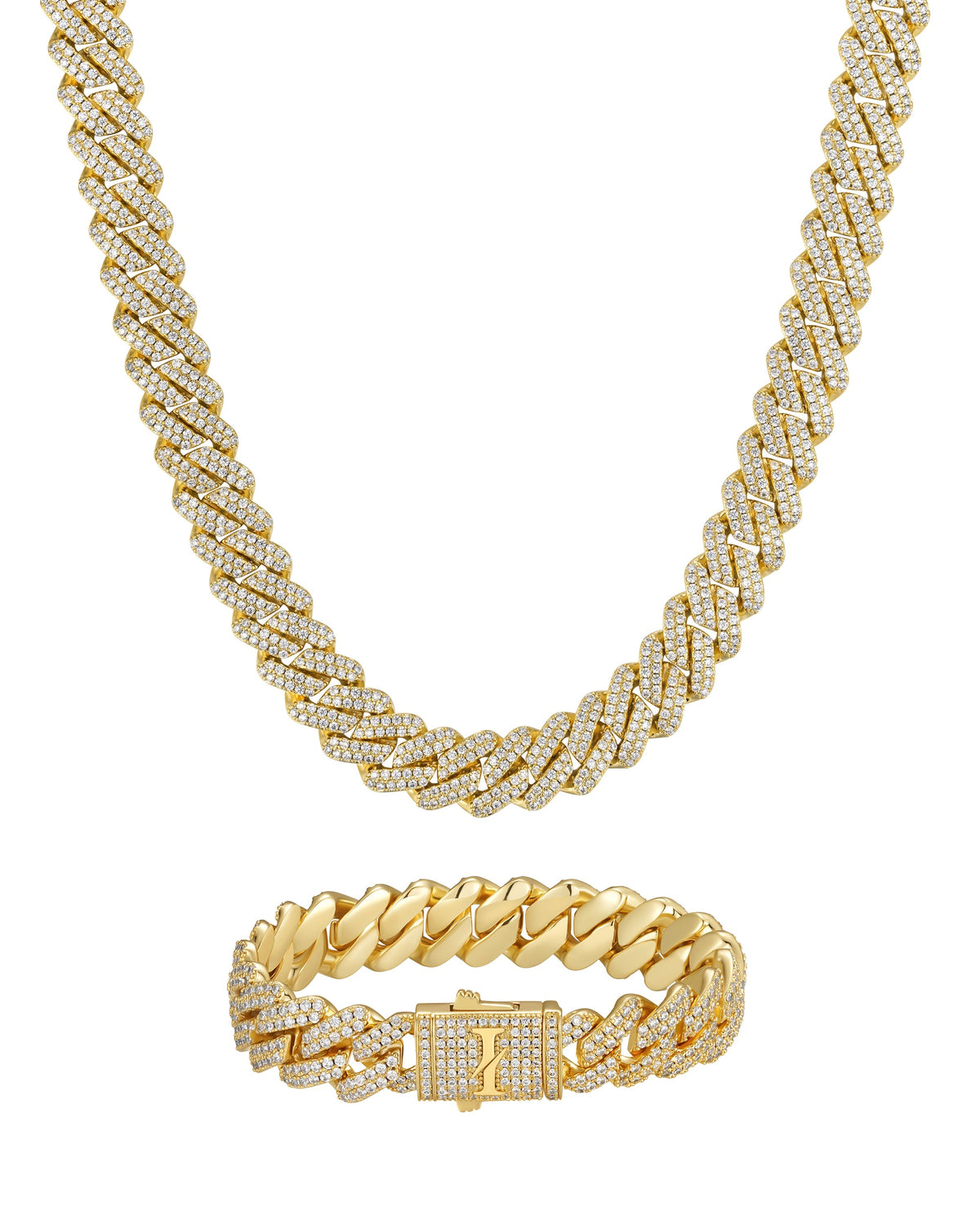 13mm 18K gold ice prong cuban chain necklace and bracelet set by Iceman Society