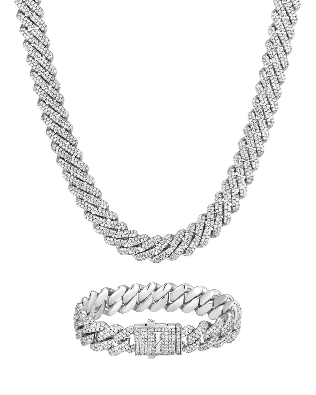 13mm white gold ice prong cuban chain necklace and bracelet set by Iceman Society