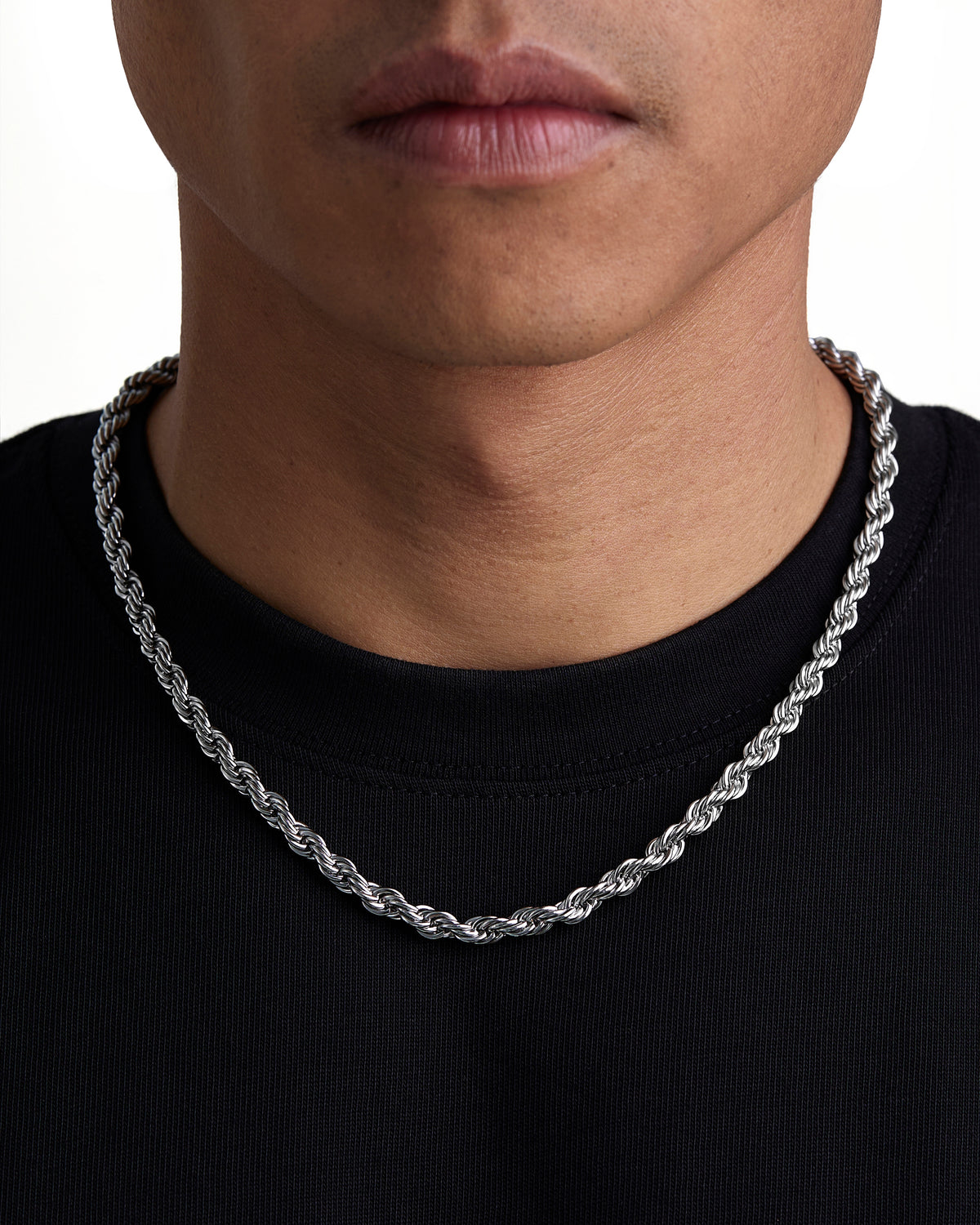 Model wearing 6mm white gold rope necklace by Iceman Society, front view