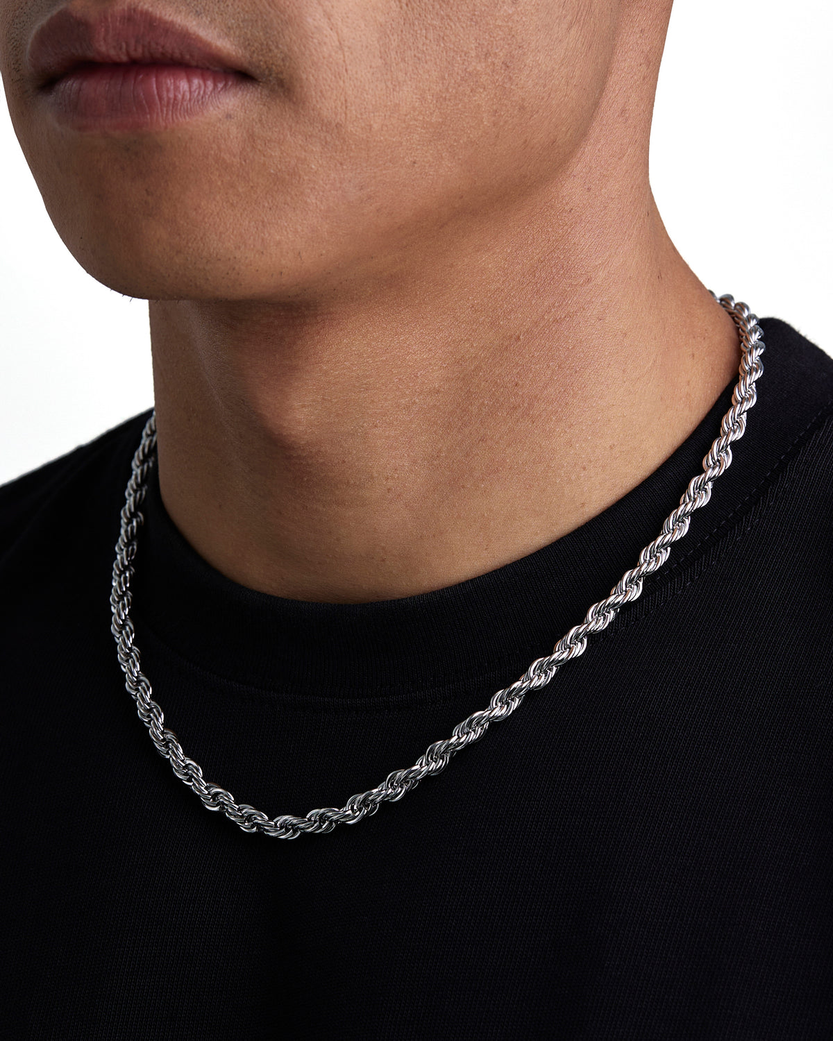 Model wearing 6mm white gold rope necklace by Iceman Society, side view