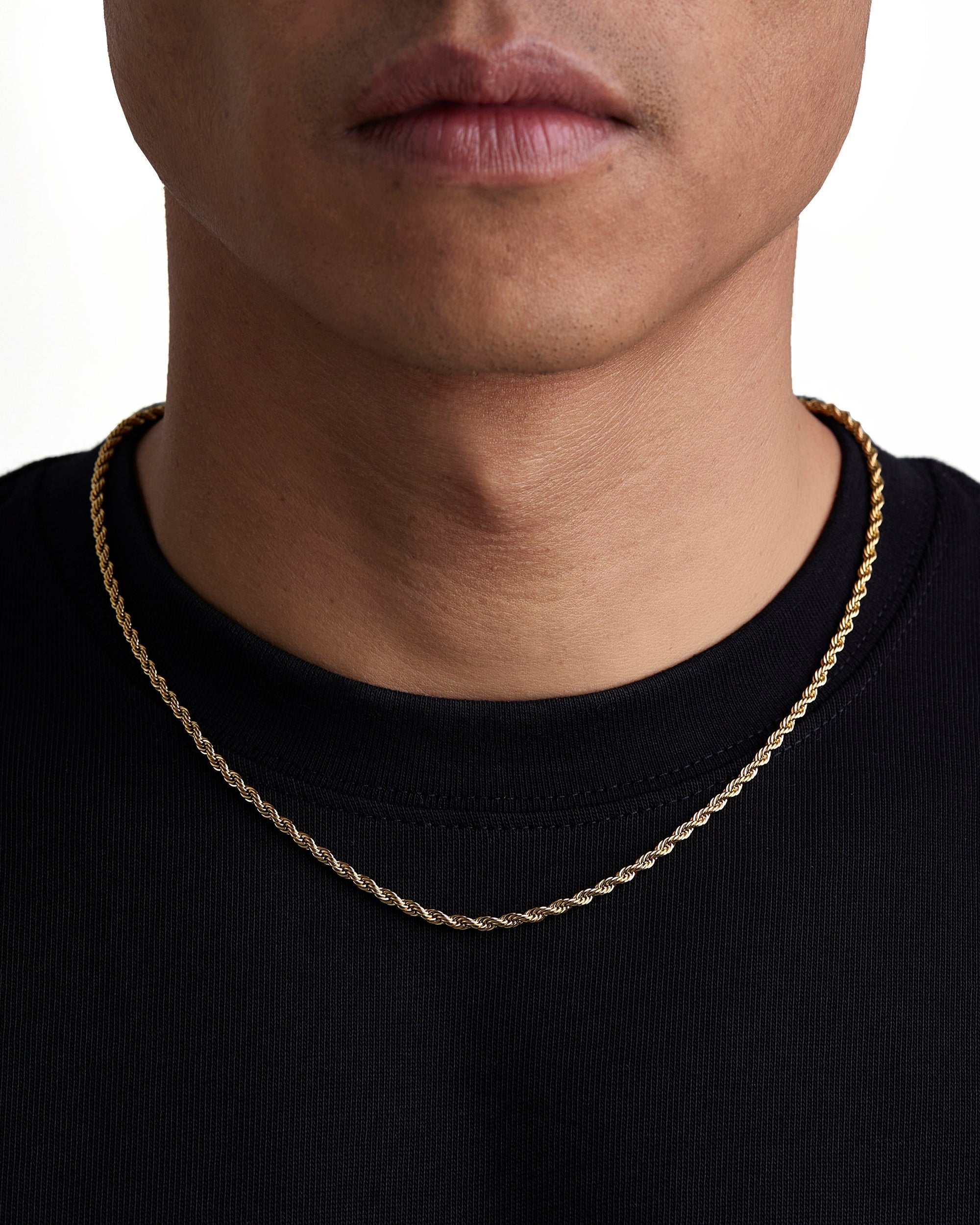 Model wearing 3mm 18k gold rope chain set by Iceman Society, front view