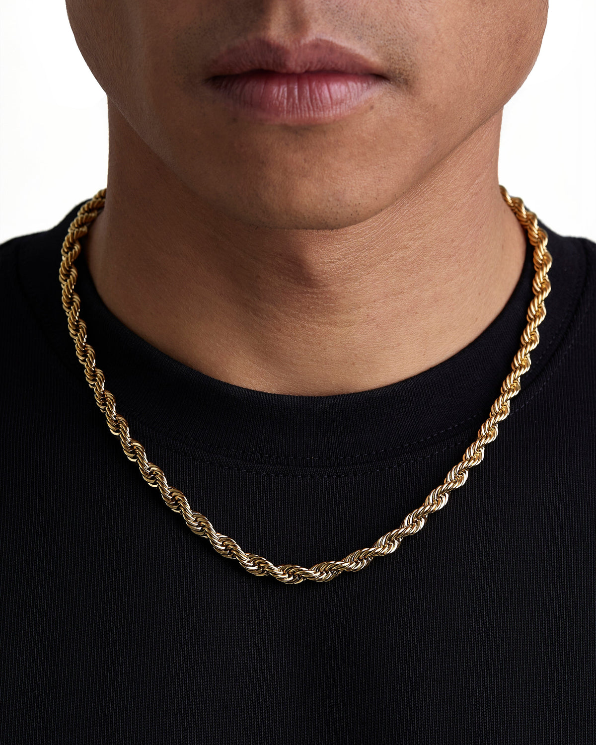 Model wearing 6mm 18k gold rope chain set by Iceman Society, front view